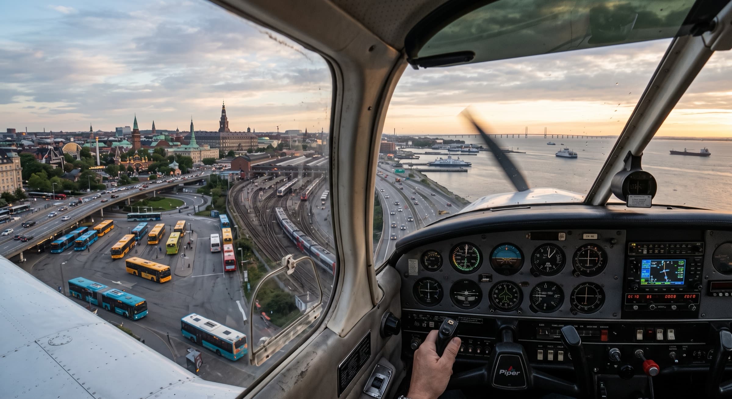 Udsigt fra cockpittet i en Piper PA-28 over København