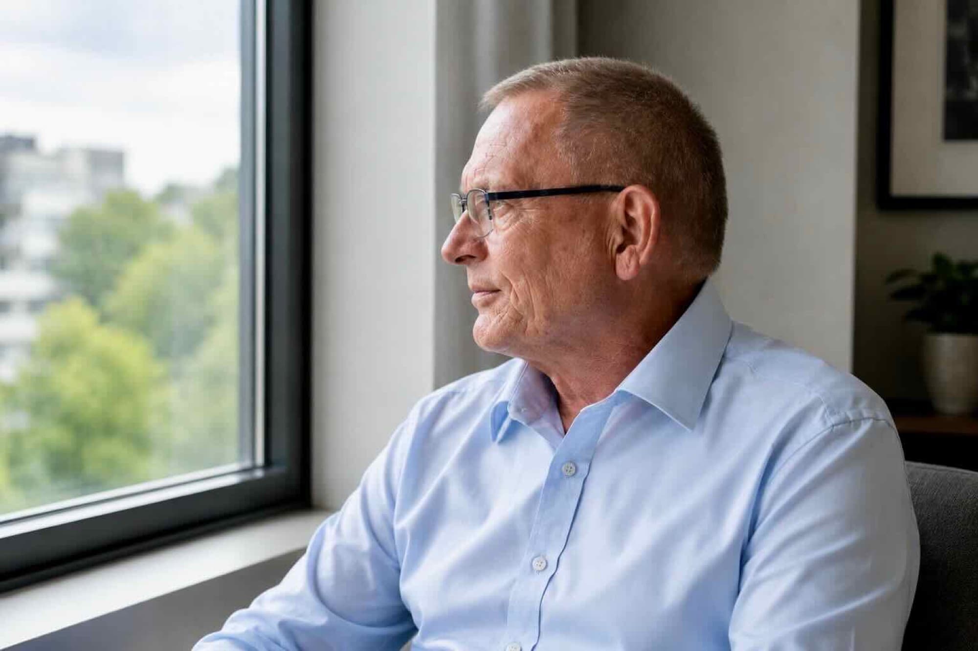 Uffe Tokehøj ved vinduet i eftertænksomhed